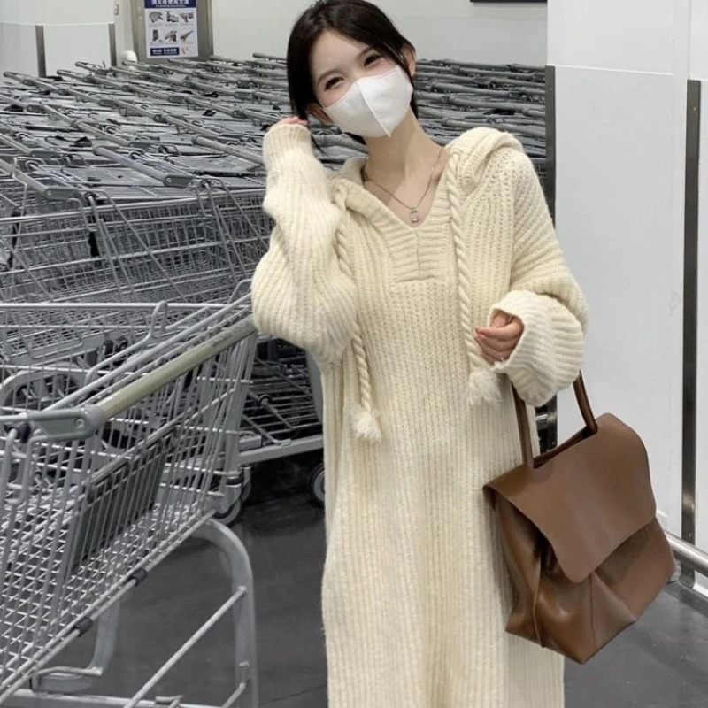 Hooded Dress Women Midi Baggy Cozy Winter Thick Knitted Ulzzang Sweet Girls Gentle Drawstring Harajuku Pure Streetwear Literary