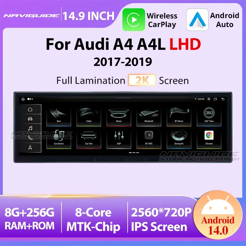 

NAVIGUIDE 14.9'' Android 14.0 Car Multimedia Player For Audi A4 A4L LHD 2017-2019 Wireless CarPlay Auto GPS Navigaiton Headunit