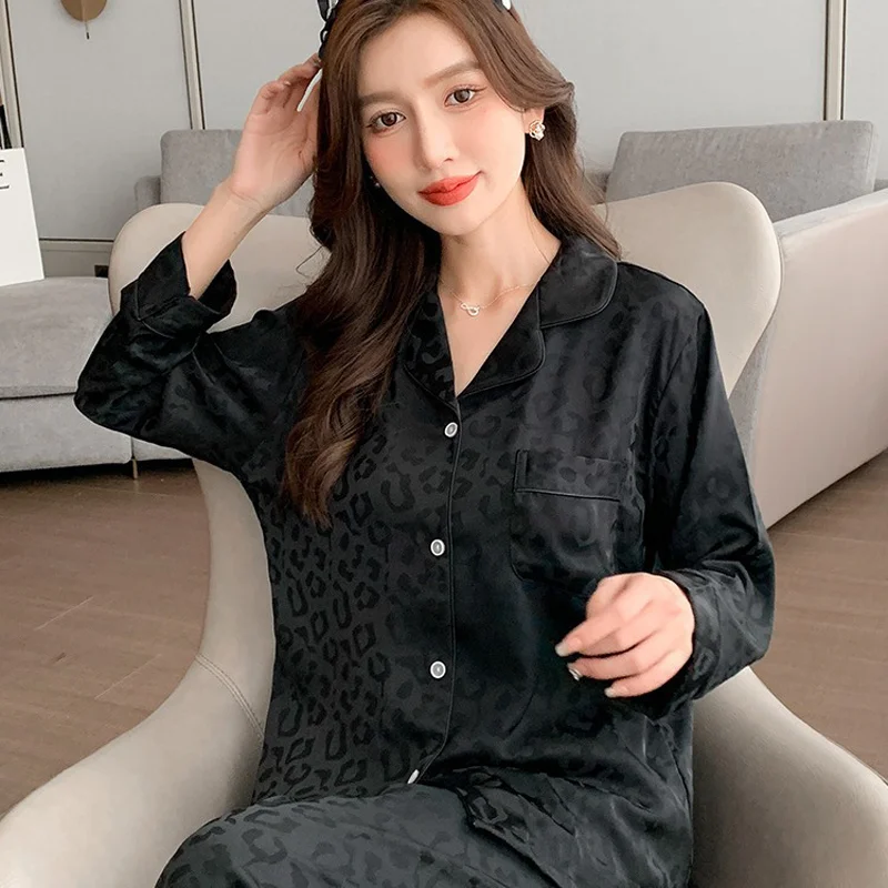 Women\'s New Spring and Fall Pajamas Homewear Suit Female Thin Temperament Korean Version of the Black Leopard Print Homewear