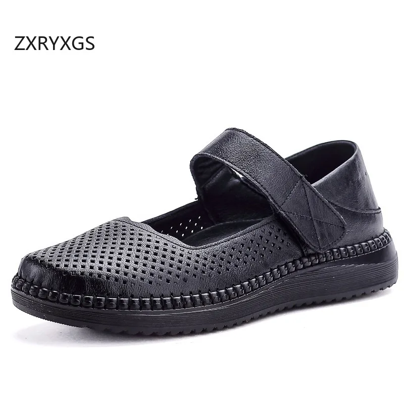 ZXRYXGS Promotion Real Cowhide Hollow Mother's Flats 2026 New Spring Summer Real Leather Breathable Shoes Women Flat Shoes Tide