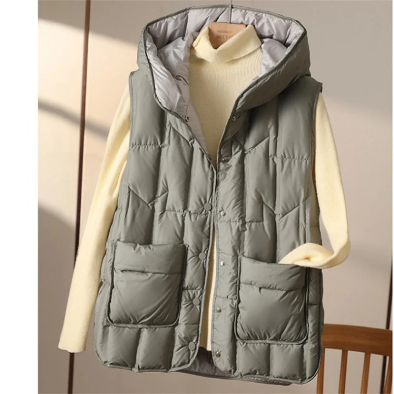 Women Light Thin White Duck Down Vest Jacket Autumn Winter Oversize Hooded Down Waistcoat Coat Parkas Lady Short Sleeveless Tank