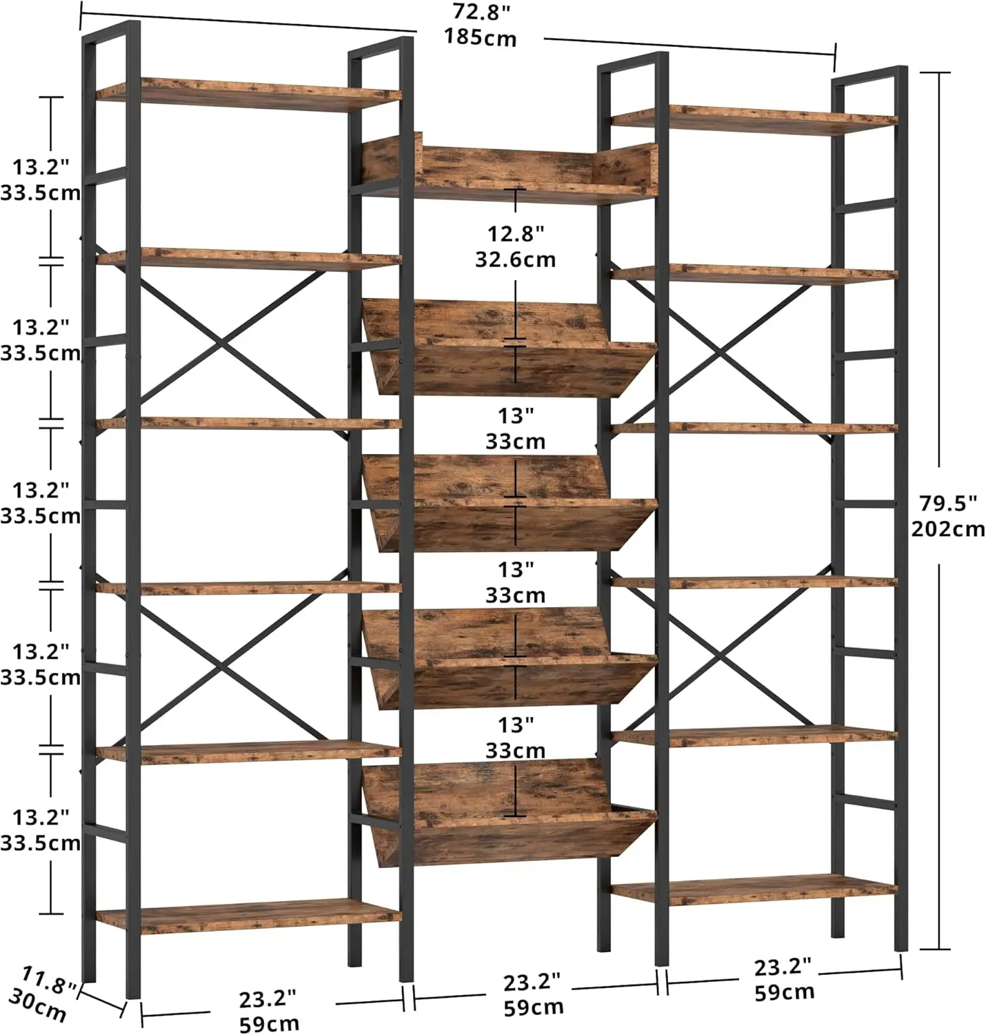 IRONCK Industrial Bookshelves 6 Tiers Triple Wide Bookshelf, Large Etagere Bookshelf Open Record Player Shelves with Metal Frame