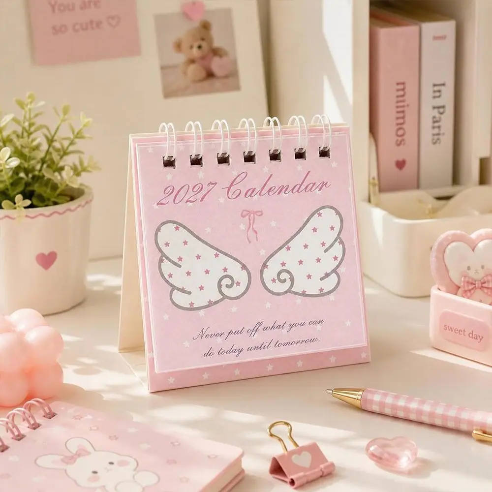 Paper Tabletop Calendar Spiral Bound Angel Wing Pattern Mini Desk Calendar 2626-12- 2027-12 Star Pattern Flip Calendar