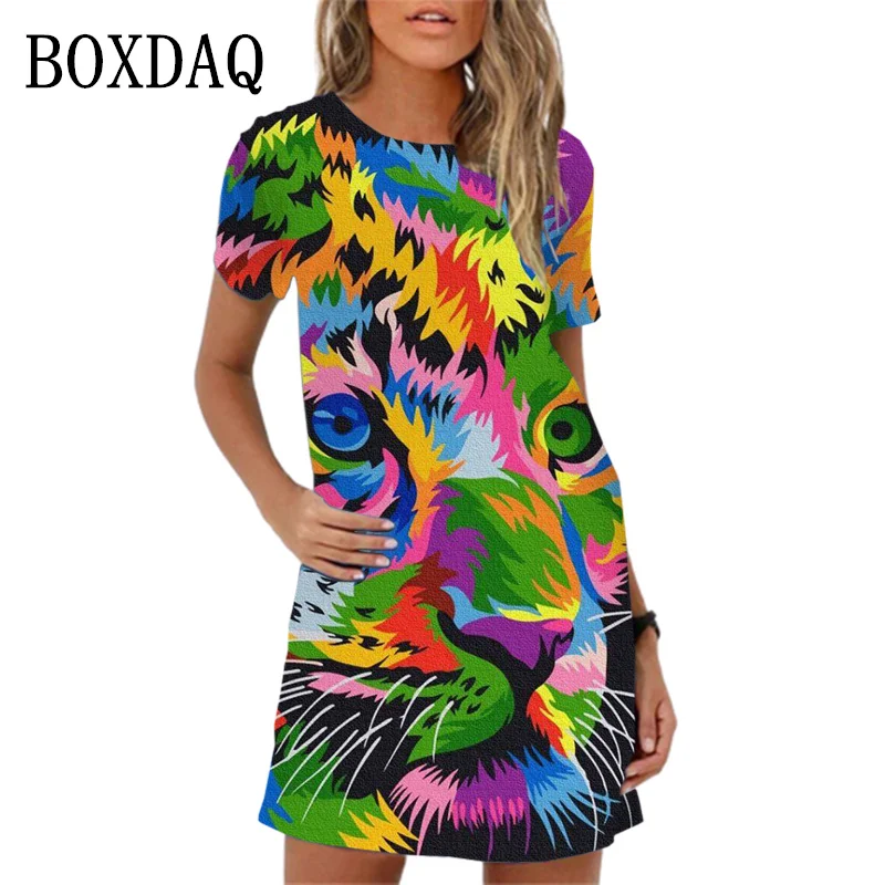 Spring Summer Women Dress 2024 New Animal Pattern Printing Short Sleeve Dress Casual Oversized A-Line Mini Dress Womans