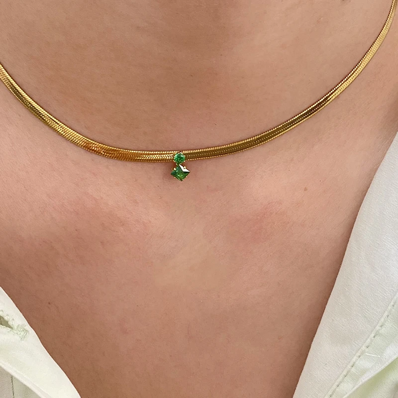 Green rhombus cubic zirconia stone herringbone chain  necklace for women stainless steel minimalist dainty necklace waterproof