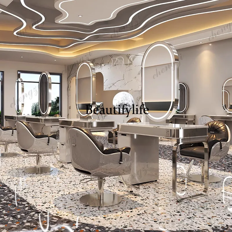 High-end barber shop hair cutting, perming and dyeing mirror table floor with cabinet, hair salon special mirror single