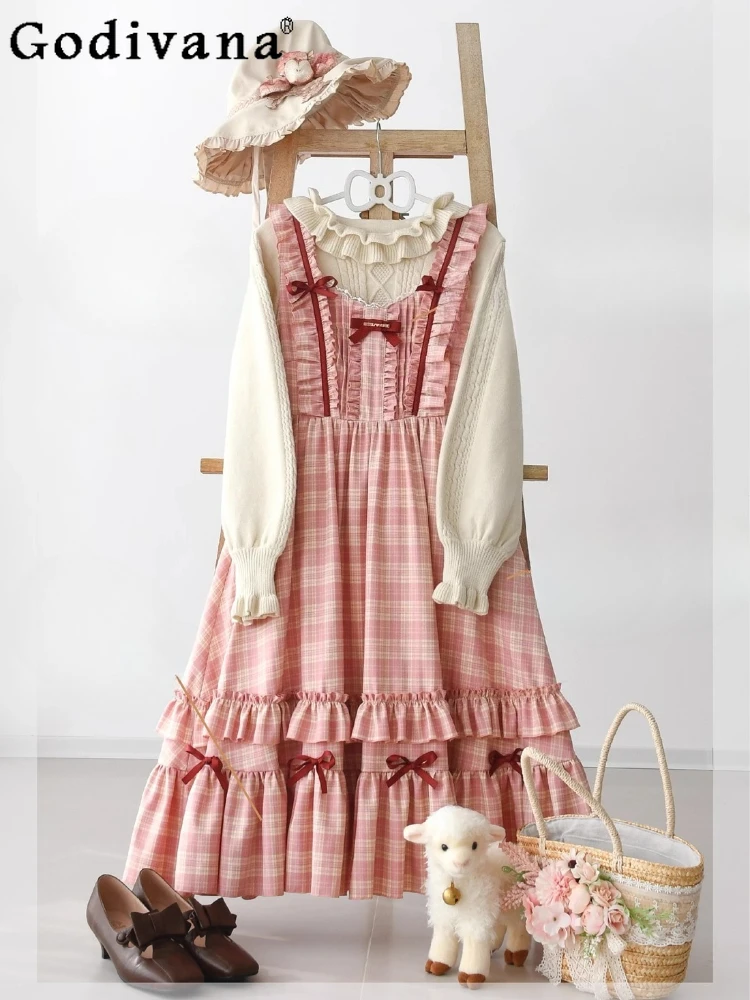 

Original Japanese Girl's Sweet Lolita Plaid Sling Dress JSK Autumn Winter Cla Princess Tea Party Lo Dress Daily Cute Bow Dress