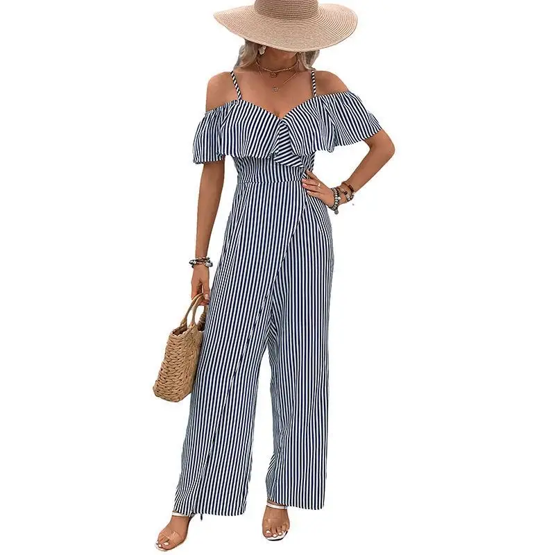 2025 Nuovi pantaloni interi per le vacanze per il tempo libero con cinturino oulder-baring Pantaloni lunghi a gamba larga a righe verticali Materiale PU ultrasottile