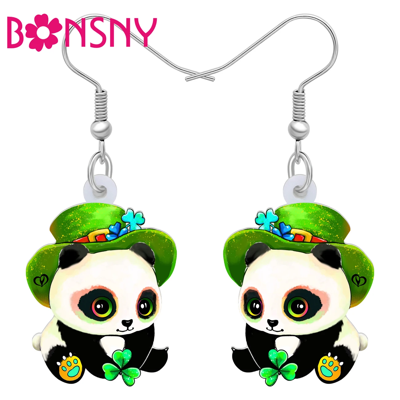 BONSNY Acrylic St Patricks Day Panda Earrings Spring Green Shamrock Hat Cartoon Animals Jewelry Good Luck Gifts For Women Girls