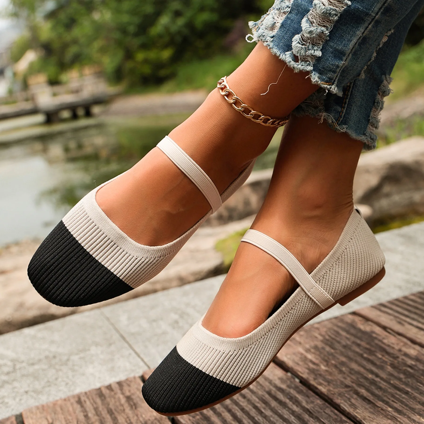 2026 New Women's Lightweight Knit Flats Fashion Mix Color Flat with Mary Jane Shoes for Women Square Toe