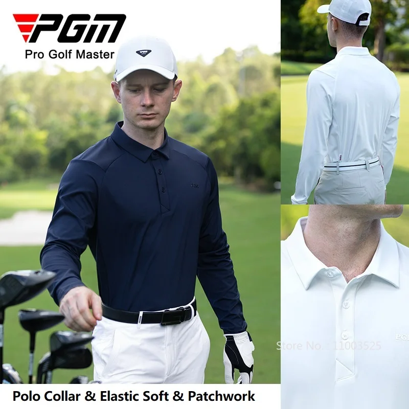 Pgm Golf koszulka polo dla mężczyzn skręcić w dół kołnierz elastyczne topy sportowe Casual Social t-shirty męskie Patchwork odzież sportowa z długim rękawem