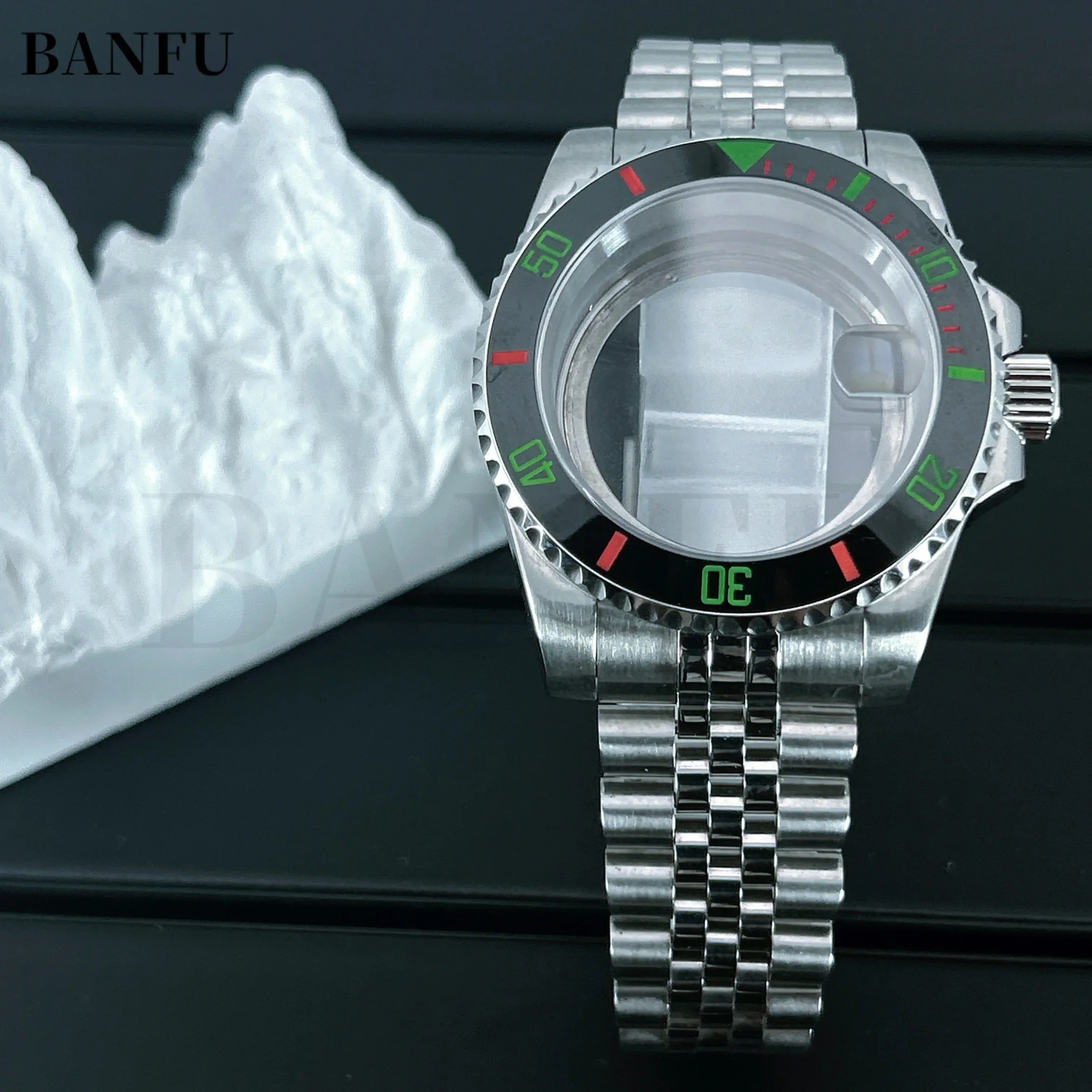 40mm Clear Glass Watch Case Bracelet with Ceramic Bezel Parts for Seko Submarine GMT NH35/36 NH38 NH34 Movement 28.5-30.5mm Dial
