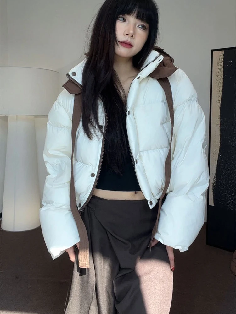 

Winter Detachable Knit Hooded Hat Down Jacket Women White Duck Down Patchwork Parker Outwears Female Zipper Puff Quilted Jackets