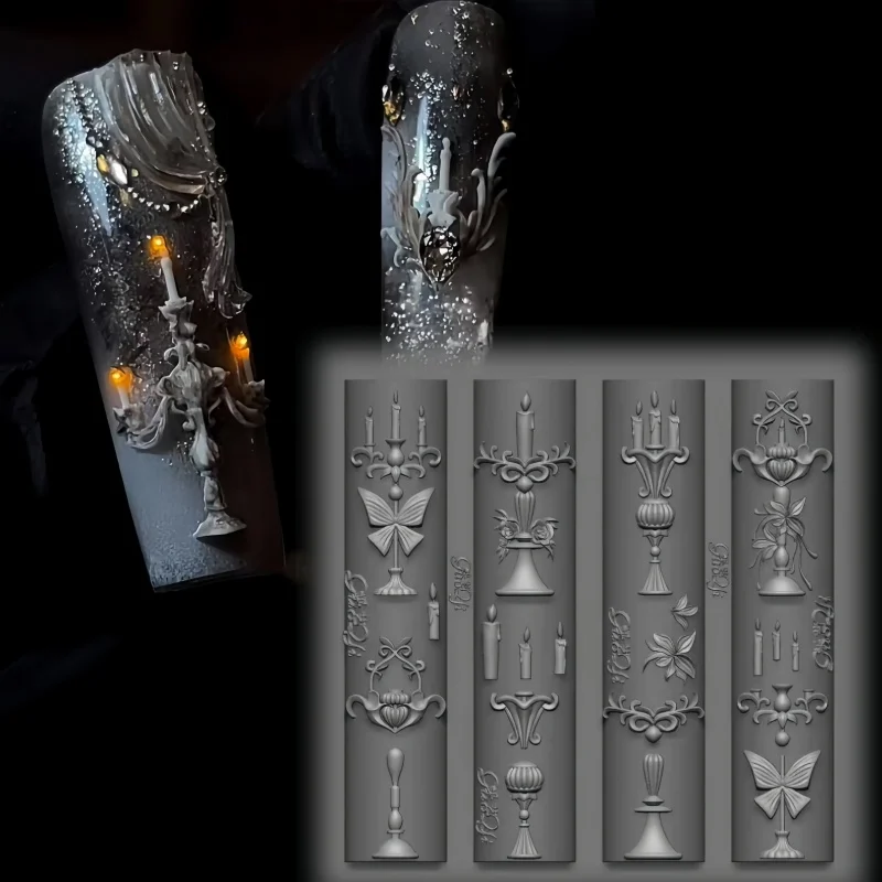 3D Vintage Nail Silicone Mold Rose Birdcage European Candlestick Roman Column Candle Nail Accessory Transparent Nail Art Mold