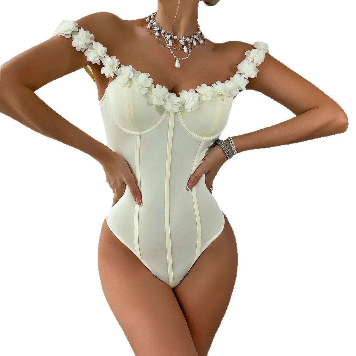 2025 new European and American three-dimensional flowers one-word shoulder sexy babes pure desire wind onesie 700