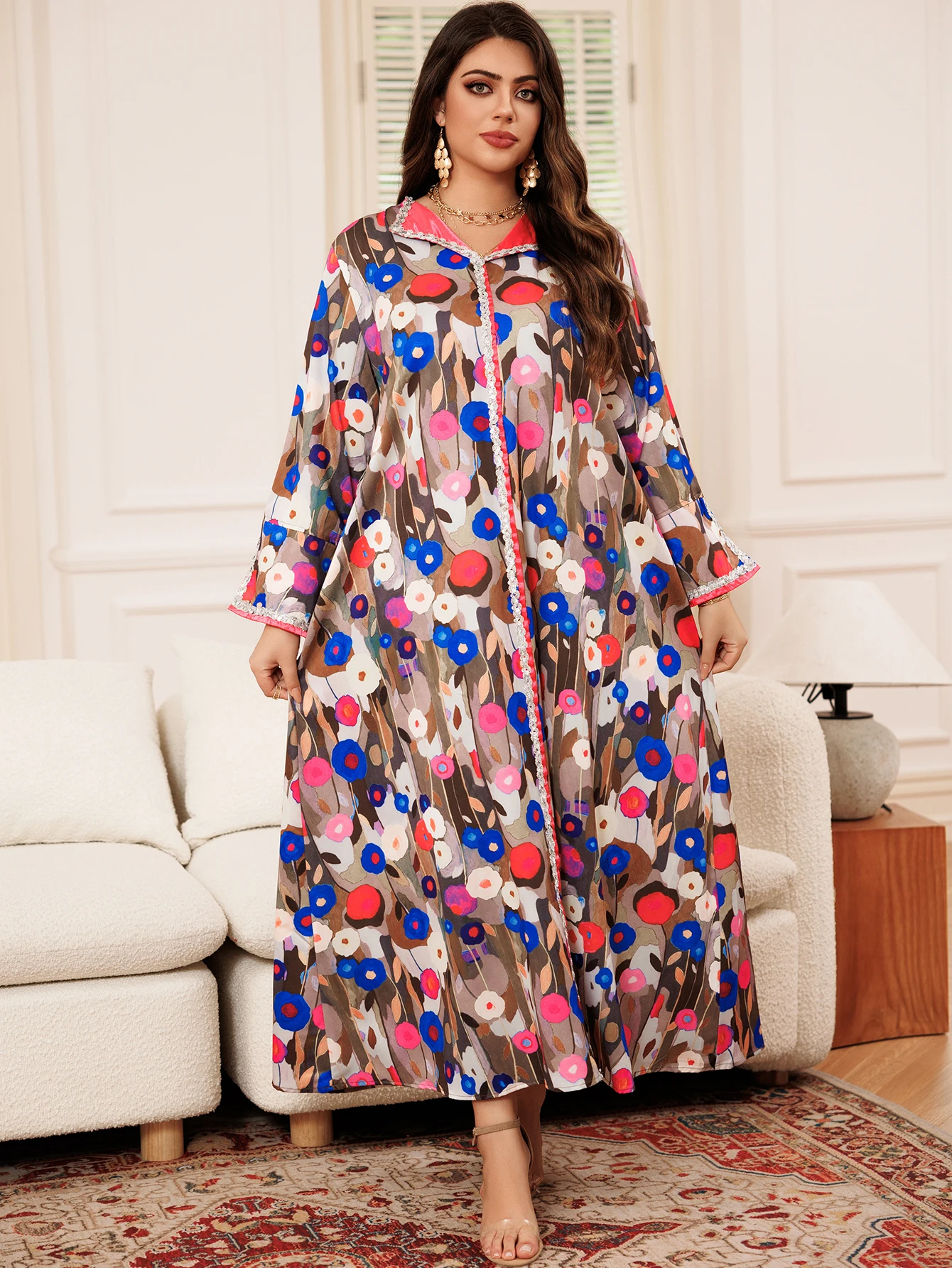 

Grey Long Sleeve Women's Dress Printed Resort Style V-Neck Long Sleeve Dubai Luxury Twisted Diamond Patchwork Middle East Arab
