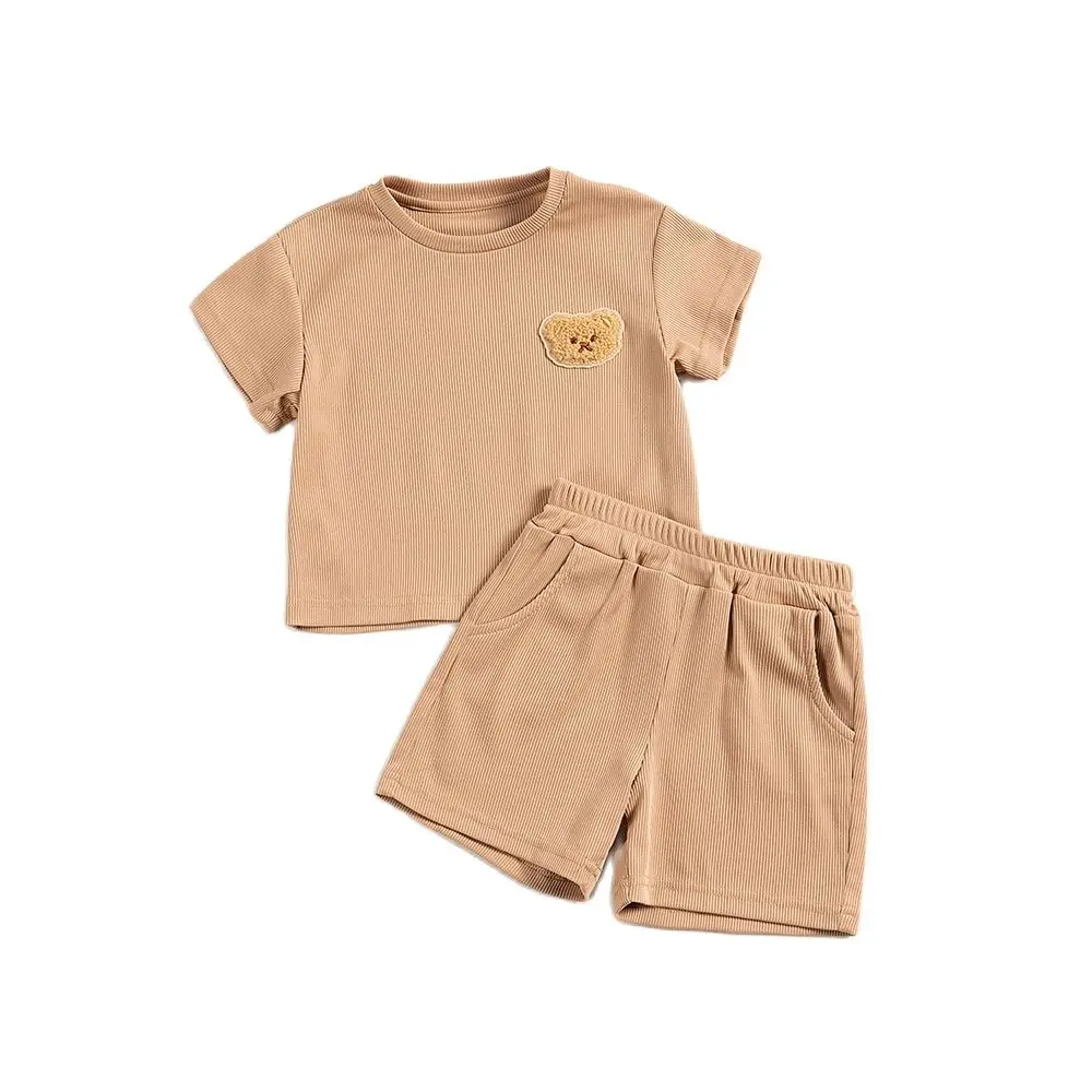 Summer Leisure Sports Suit Boys and Girls Little Bear Embroidered Short Sleeves+Elastic Waist Shorts 2pcs  Kids Clothes