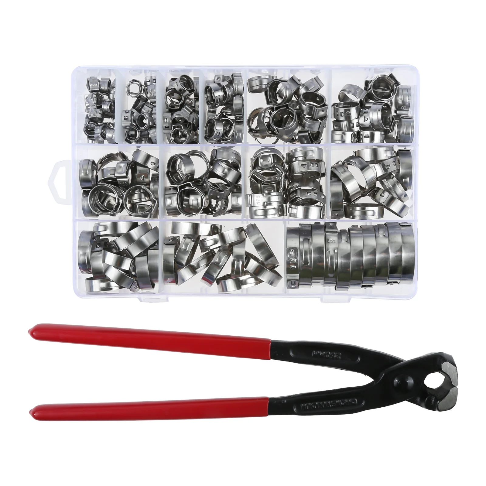 180pcs/1kit Single Ear Hose Clamps + Pliers +  Assortment Box Stainless Steel Crimp Pinch Fitting Tool  5.3-33.1mm 360° Design