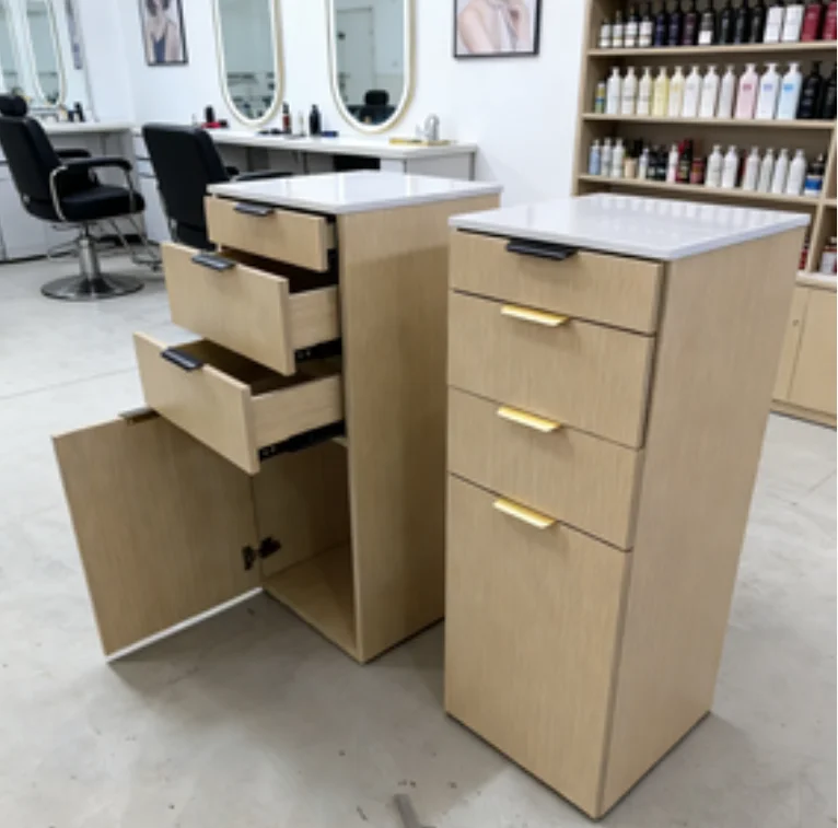 Walnut Wood Stylist Trolley Cabinet Hair Salon Stations Furniture for Beauty Barber Shop Styling Station Furniture Hair Salon