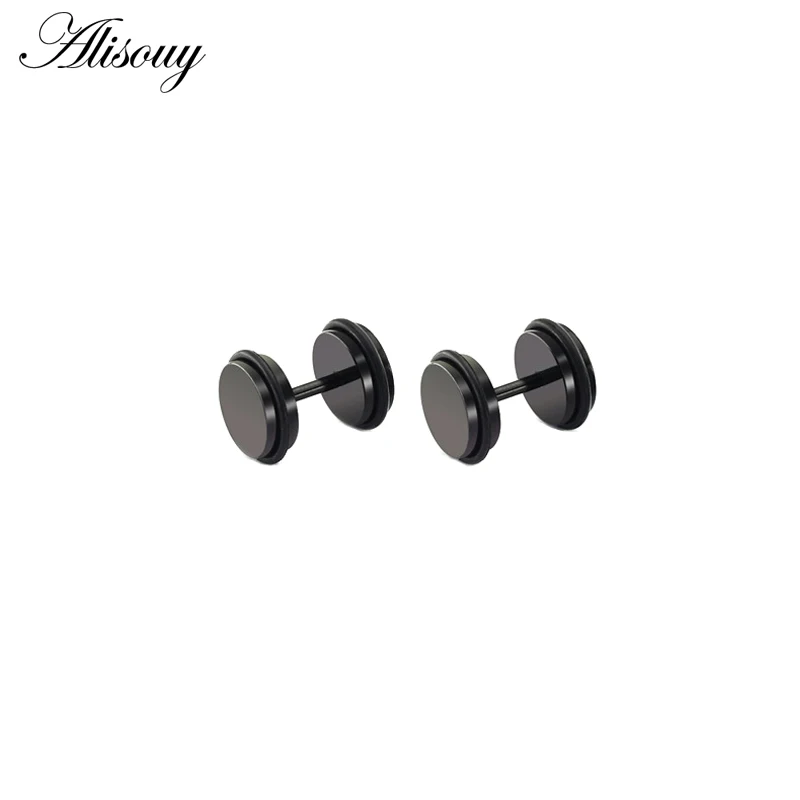 Alisouy 2Pc Stainless Steel Fake Ear Plugs Screw Round Barbell Earring With O rings Ear Expander Earrings Body Jewelry Men Women