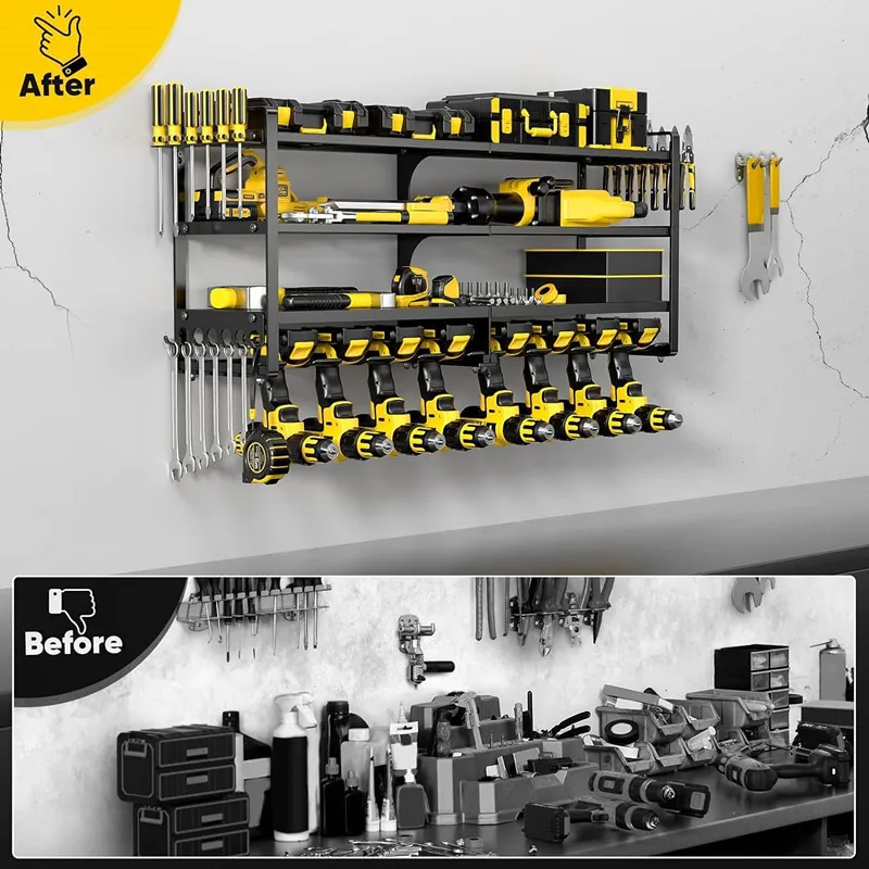 Großer Elektrowerkzeug-Organizer zur Wandmontage, robust, 4 Etagen, 12 Bohrer, Halter, Werkzeugaufbewahrung, Batterieregal für Werkstatt, Schuppen, Keller – Detail 2