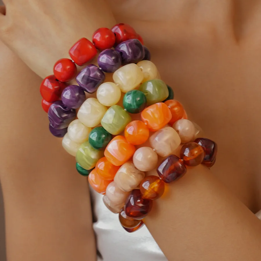 Red Purple Orange Green Acrylic Square Circle Beads Chain Bracelet Bangle for Women Handmade Jewelry Waterproof Jewelry Gift