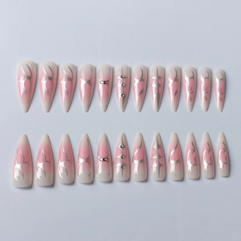 24pcs Y2k Sliver Flame Printed Wearable Press on Nails Full Finished Acrylic Nail Tips Long Pointed Gradient Pink False Nails