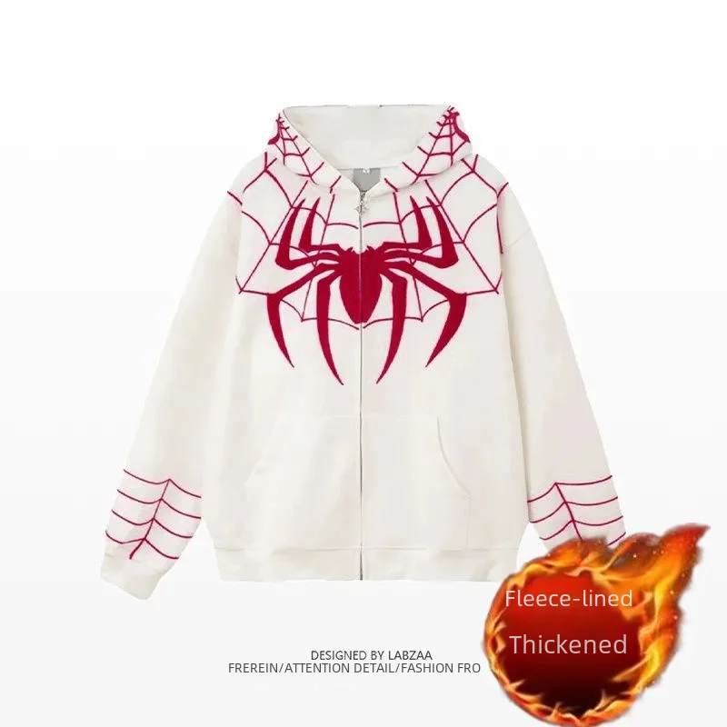 Vintage American Style High Street Flocking Spider Cardigan Hooded Sweatshirt Women's Autumn/winter Cool Top Jacket