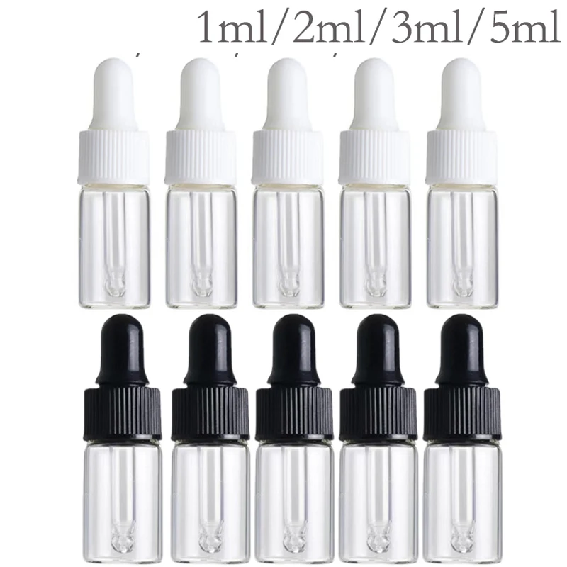 투명 유리 드롭핑 병, 미니 에센셜 오일 스포이드 병, 빈 여행 샘플 바이알, 블랙 캡, 1ml, 3ml, 5ml, 50, 100 개