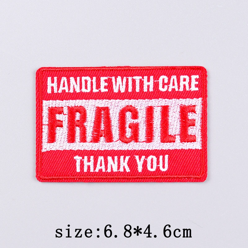 Handle With Care Embroidery Patch Iron On Patches For Clothing Thermoadhesive Patches On Clothes Fragile Danger Warning Patch