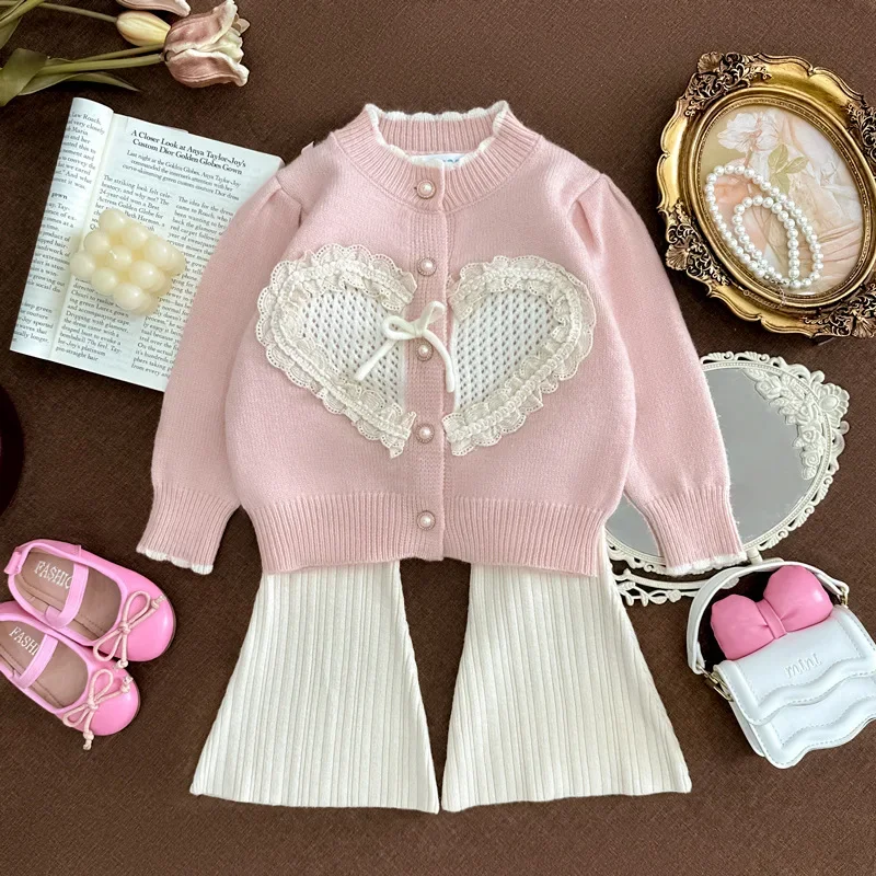 Girls Suit 2024 Autumn and Winter Style Sweet and Pink Playful and Cute Long-sleeved Warm Sweater Love Children Clothes