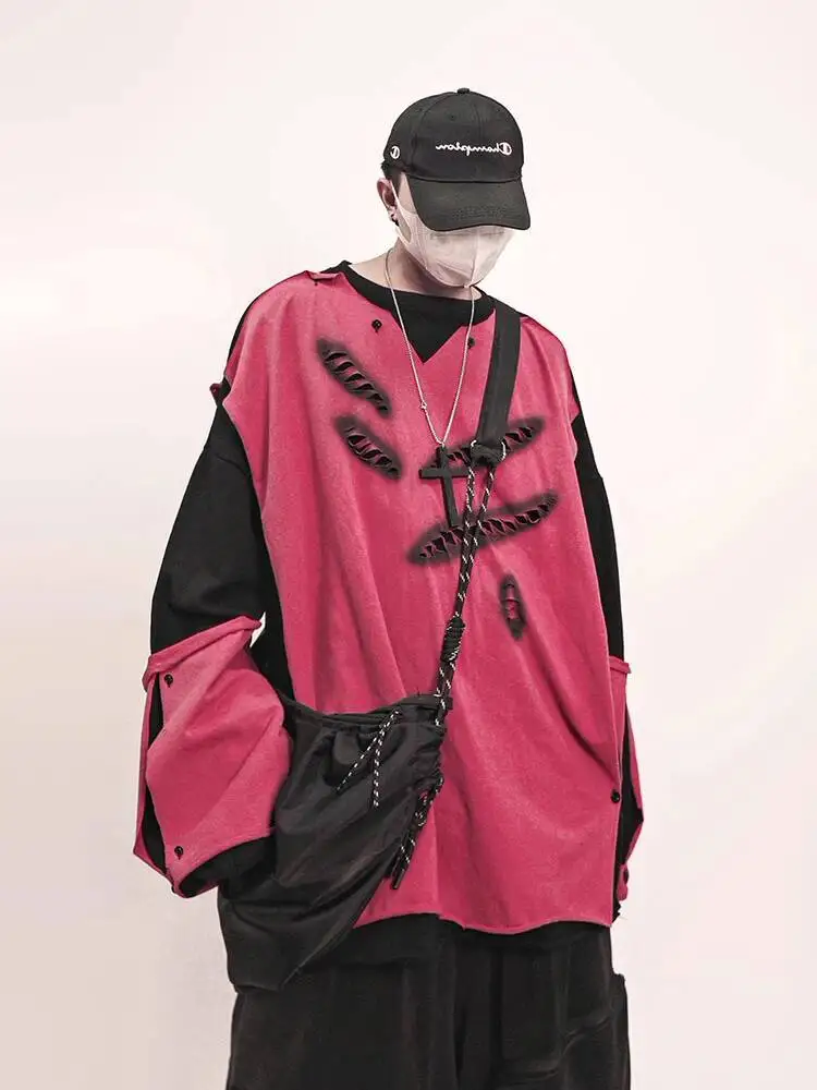 Man Sweatshirt 2025 Autumn Hip Hop Style Distressed Patchwork Crewneck Sweatshirt Retro Vintage Loose
