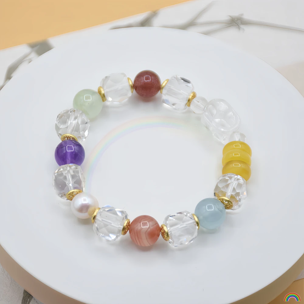 Natural white crystal, sea blue, precious agate, pearl, multi treasure bracelet, niche design bracelet, Rwbuy brand design