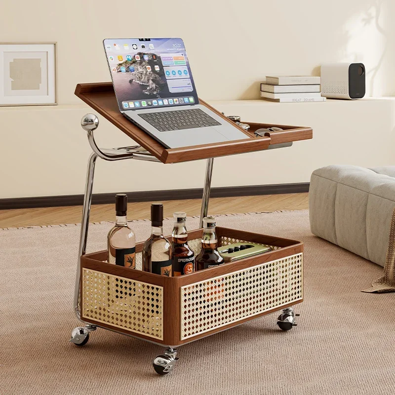 Solid Wood Side Table, Removable Storage, Second-hand Trolley, Living Room Sofa Storage Rack, Rattan Simple Dining Cart