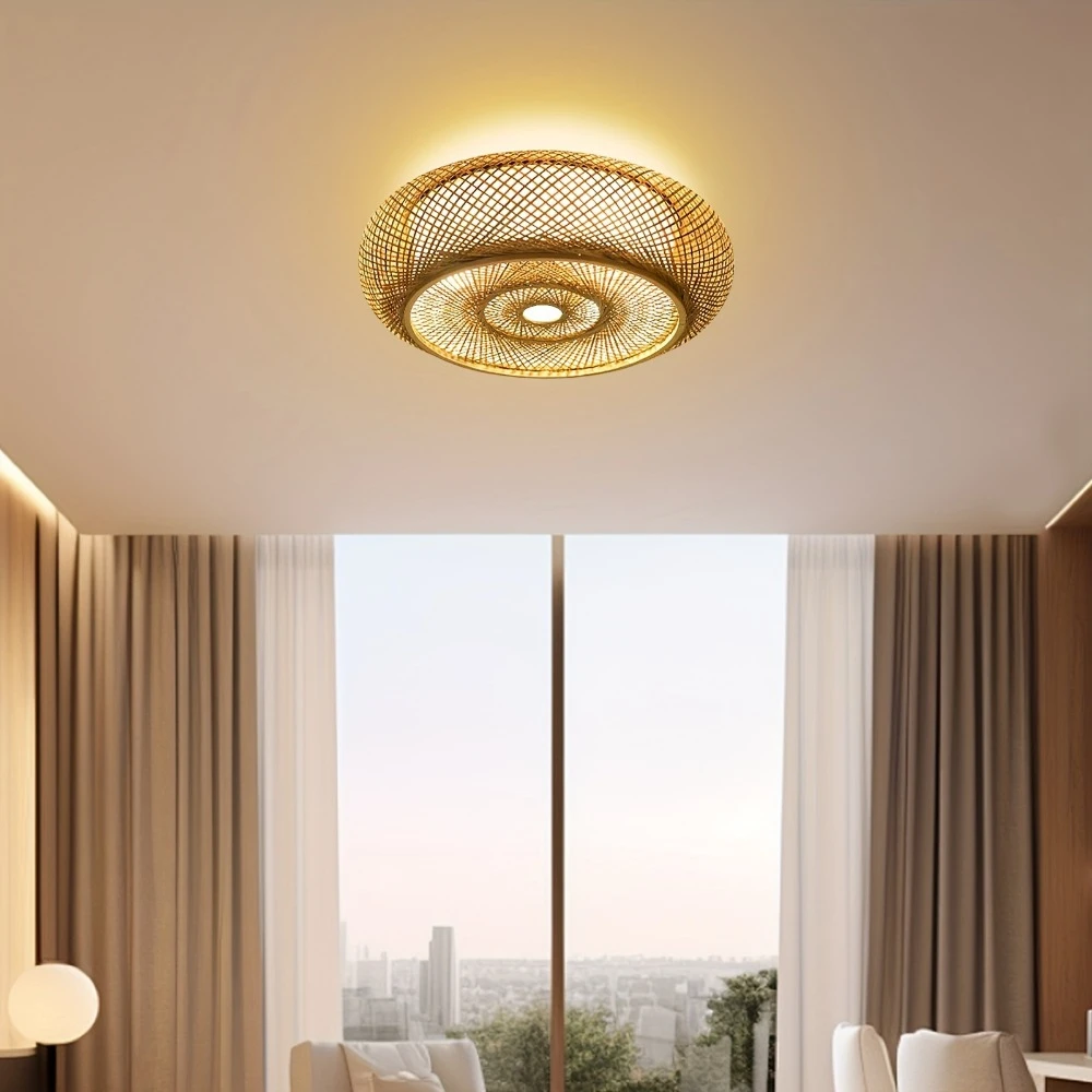 Vintage Woven Bamboo Ceiling Lights Wicker Basket Light Fixtures Rattan Flush Mount Ceiling Light Creative Decoration Art