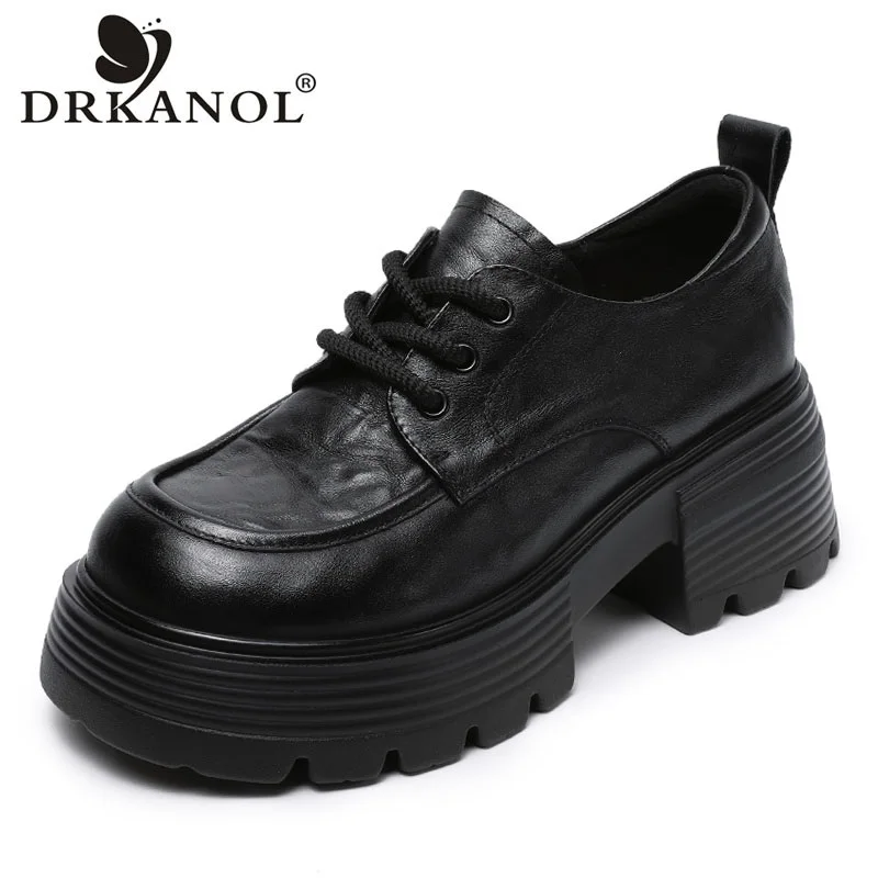 

DRKANOL 2025 Women Chunky Platform Shoes Luxurious Genuine Cow Leather Thick High Heel Pumps Lace-Up Round Toe Casual Shoes Lady
