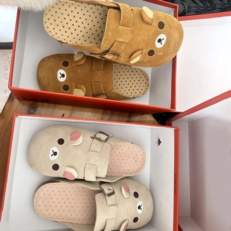 

Милые тапочки-полутапочки Rilakkuma Bear с мультяшным рисунком, милые ретро-тапочки на толстой подошве, весенние и осенние женские тапочки, домашняя обувь