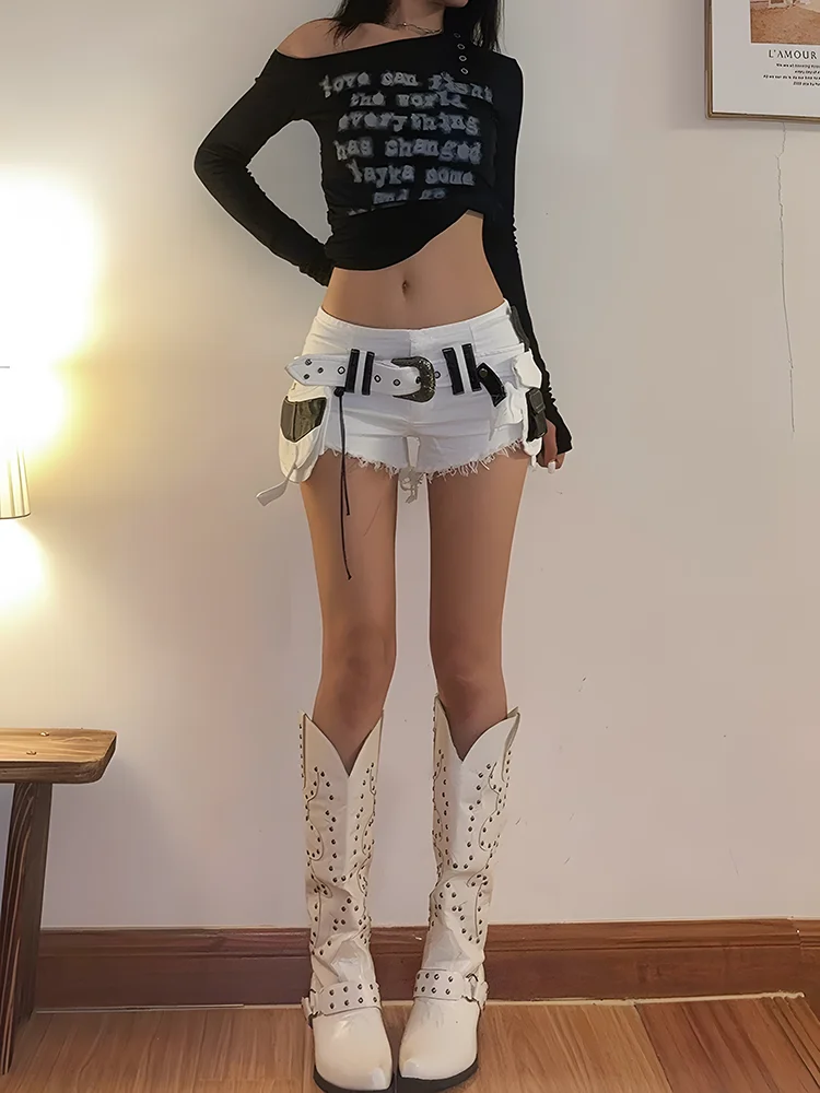ReddaChic Women Belted Cargo Jean Shorts Retro Sexy Low Waist Slim Raw Edge Multi-pocket Denim Trousers  Summer Everyday Wear