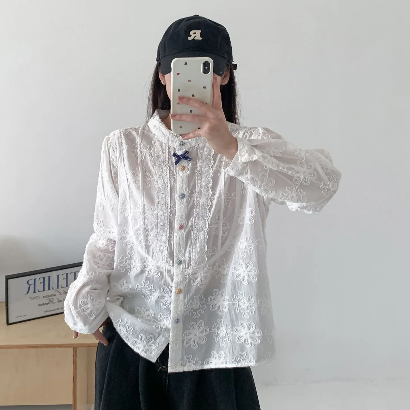 

Japanese Sweet Mori Girl Flower Embroidery Cotton Shirts Women Spring New Stand Collar Long Sleeve Casual Loose Blouse Tops
