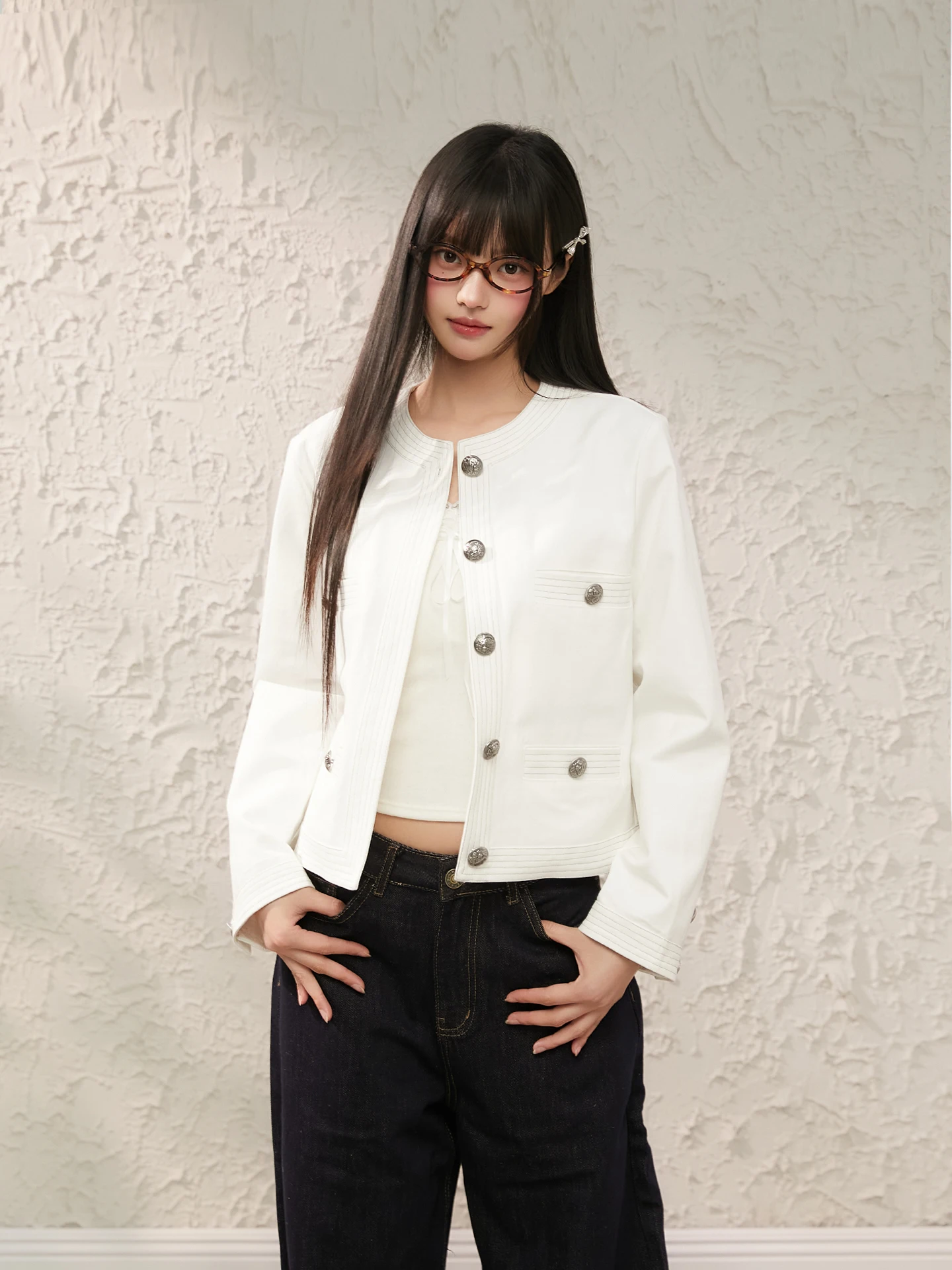 

King Prince Spring New Sle Casual round Ne White Denim Jaet Sewing Line ort Outerwear Women's Cotton Stand Fit