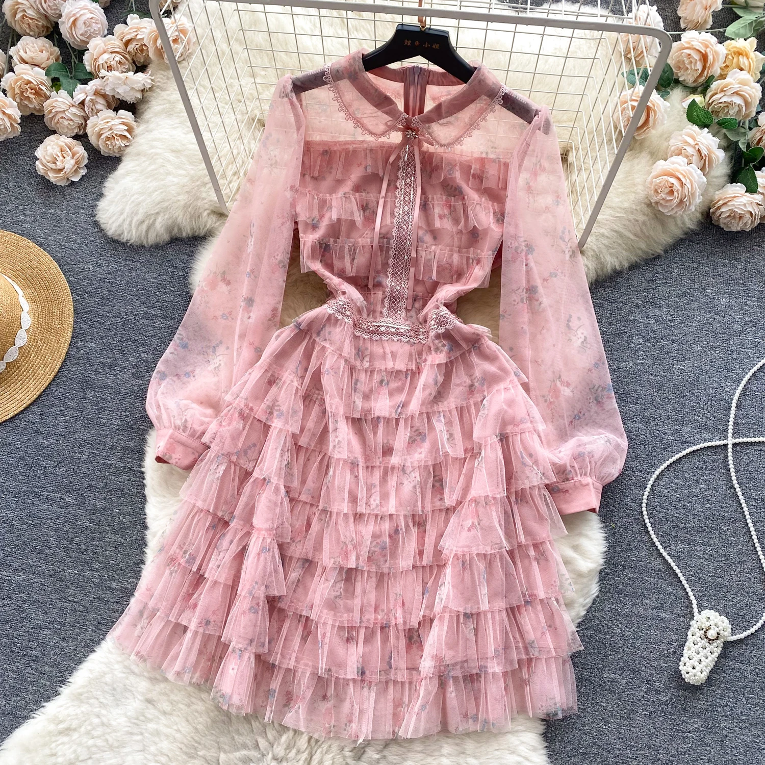 Elegant Rhinestone Vintage O-neck Chic Lace Spliced Ball Gown Slim Fairycore Dresses Women Evening High Street Autumn Clothing