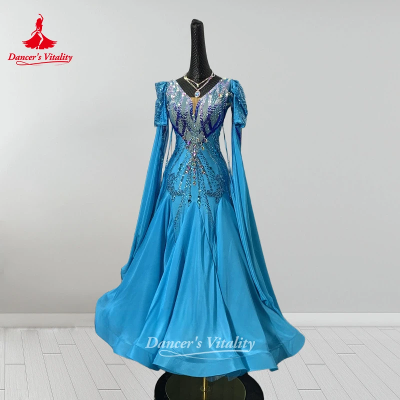 호수색 볼룸 댄스 진주 실크 하단 헴라인 드레스 (목걸이 포함) 성인 여성용 포크스트롯 왈츠 의상 맞춤 제작 댄서의 활력