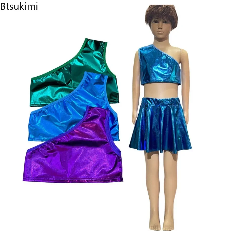 Kids Girls Sequins Crop Tops Shiny Metallic Sleeveless Crop Top for Ballerina Ballet Dance Gymnastics Workout Stage Performance