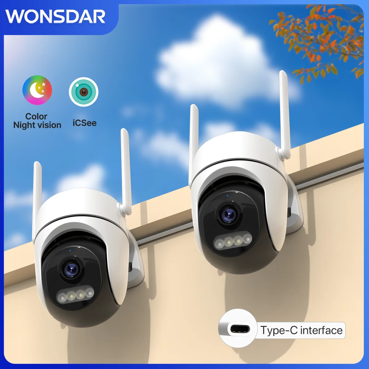 

WONSDAR 2pcs Quantity HD IP Camera PTZ WiFi Camera Video Surveillance Home Security Protection Type-C Detection iCsee