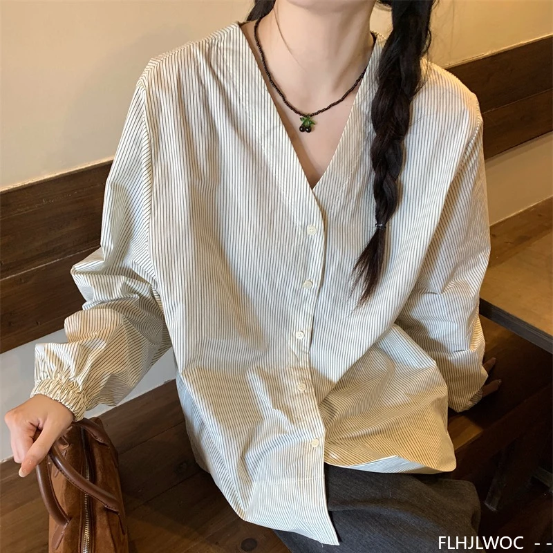 Jesień 2025 Bawełniane Bluzki Podstawowe Koszule Bluzki Damskie Jesienne Retro Vintage Niebieska Bluzka w Paski Elegancki Japoński Koreański Design Odzieży Bluzki