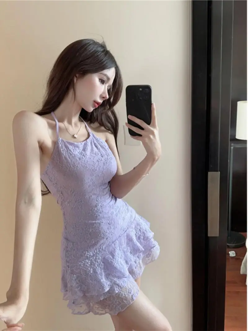 Shpmishal French Fashion Pure Desire Spicy Girl Purple Hanging Neck Strap Dress Women's 2024 Summer Lace Splicing Short Dresses