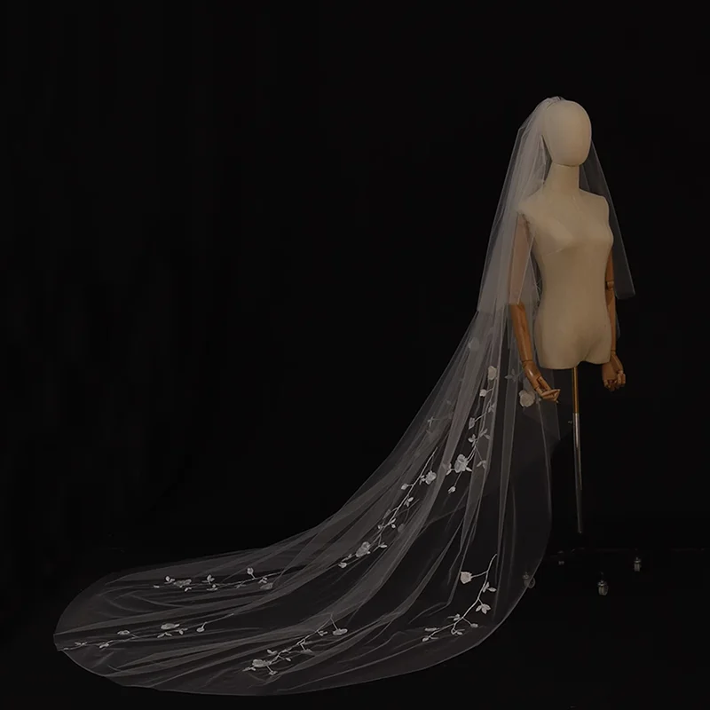 طرحة زفاف مع دانتيل زهور طول الكاتدرائية 2 طبقة حجاب الزفاف مع مشط زهرة الدانتيل الحجاب مخصص Véu De Noiva #4