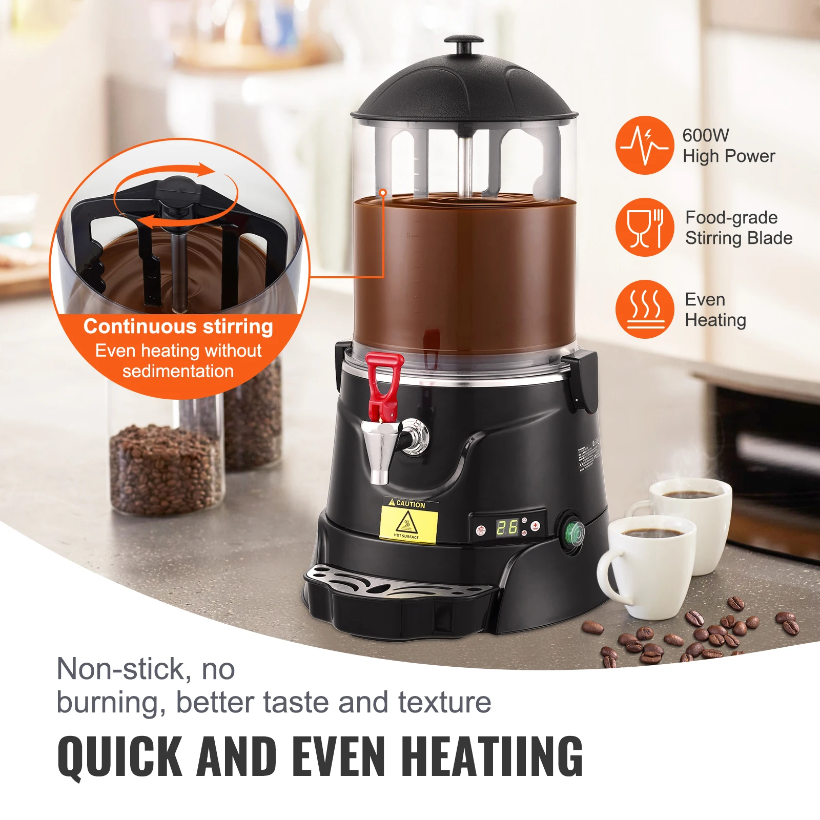 Hot Chocolate Dispenser 2.6 Gal/10 L Hot Chocolate Machine with 86℉-194 ℉ Range High-quality ABS Tank