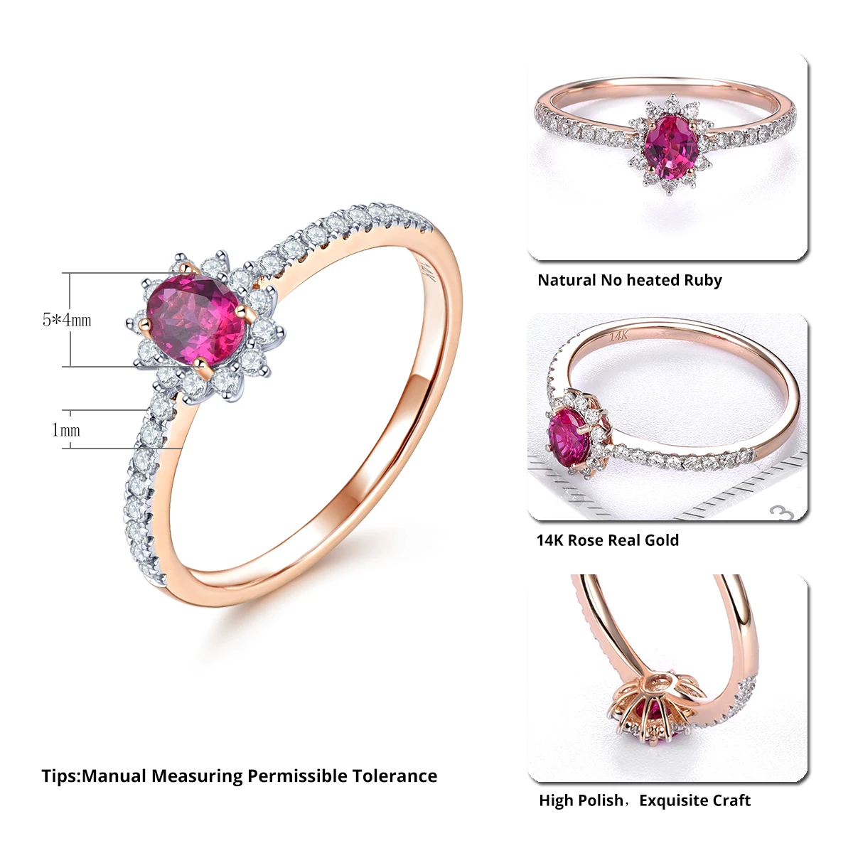 Lohaspie 14K Rose Gold Natural No Heated Ruby & Diamonds Ring 0.4 Carats Genuine Gemstone Romantic Style Fine Jewelry for Women