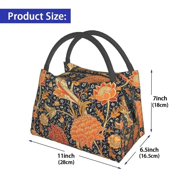 William Morris Orange Cray Floral Art bolsa de almuerzo con aislamiento térmico patrón textil para mujer almacenamiento de almuerzo portátil caja de comida